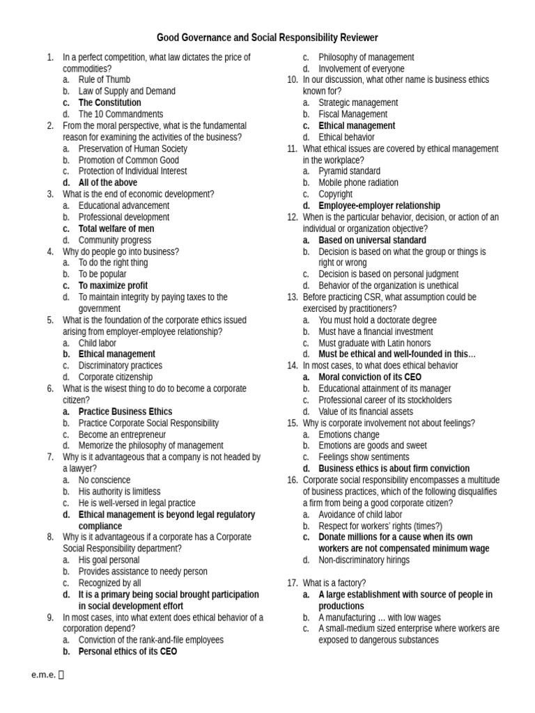 Good Governance and Social Responsibility Reviewer | PDF | Business ...