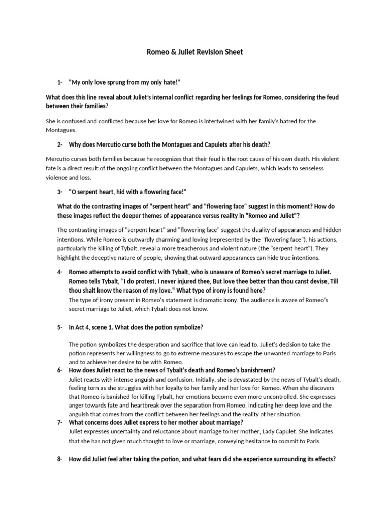 Romeo and Juliet Revision Sheet - AK | PDF | Characters In Romeo And Juliet