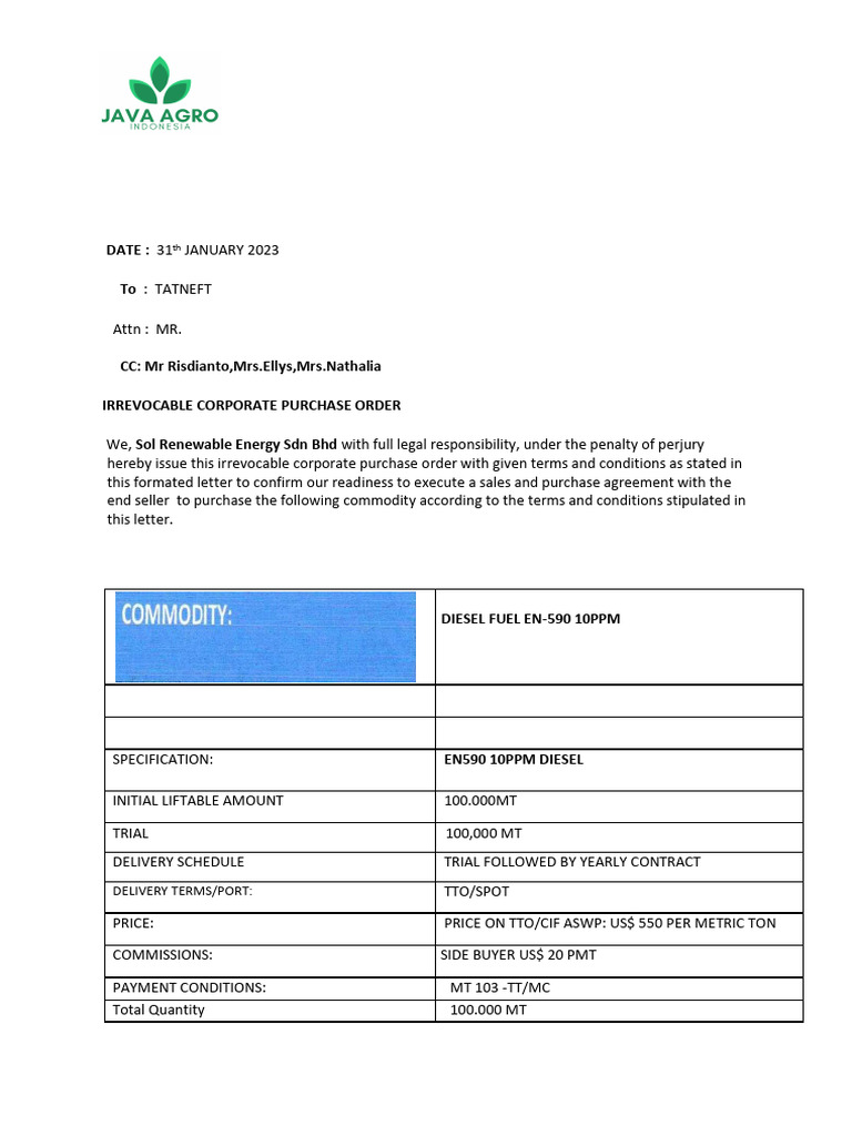 Irrevocable Diesel Fuel Purchase Order | PDF | Chemical Substances