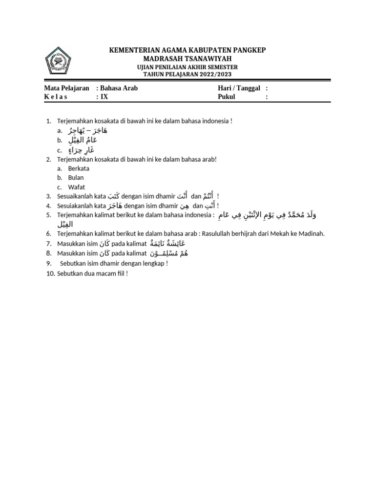 Ujian Bahasa Arab Kelas IX Pangkep | PDF