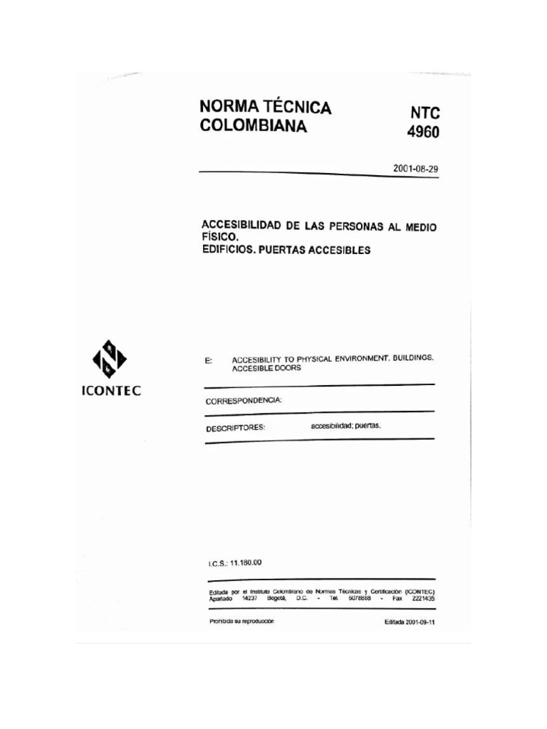 NTC-4960-2001 - Accesibilidad Puertas | PDF