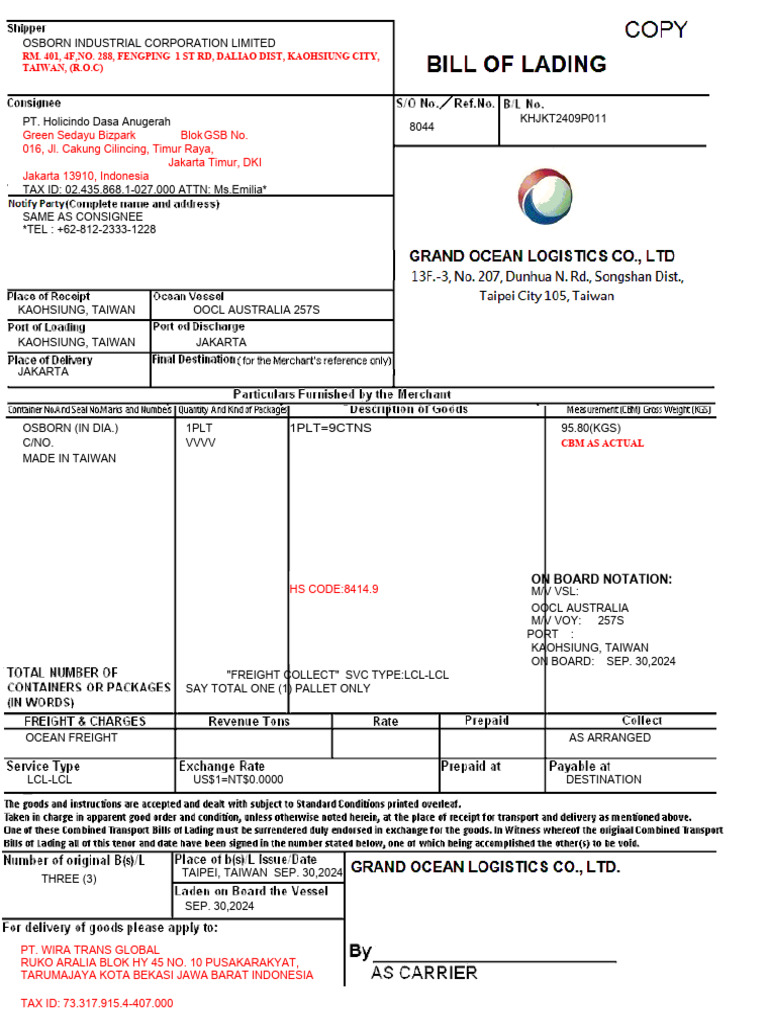 draft BL 527654537873064006 - 8044 核對單 | PDF