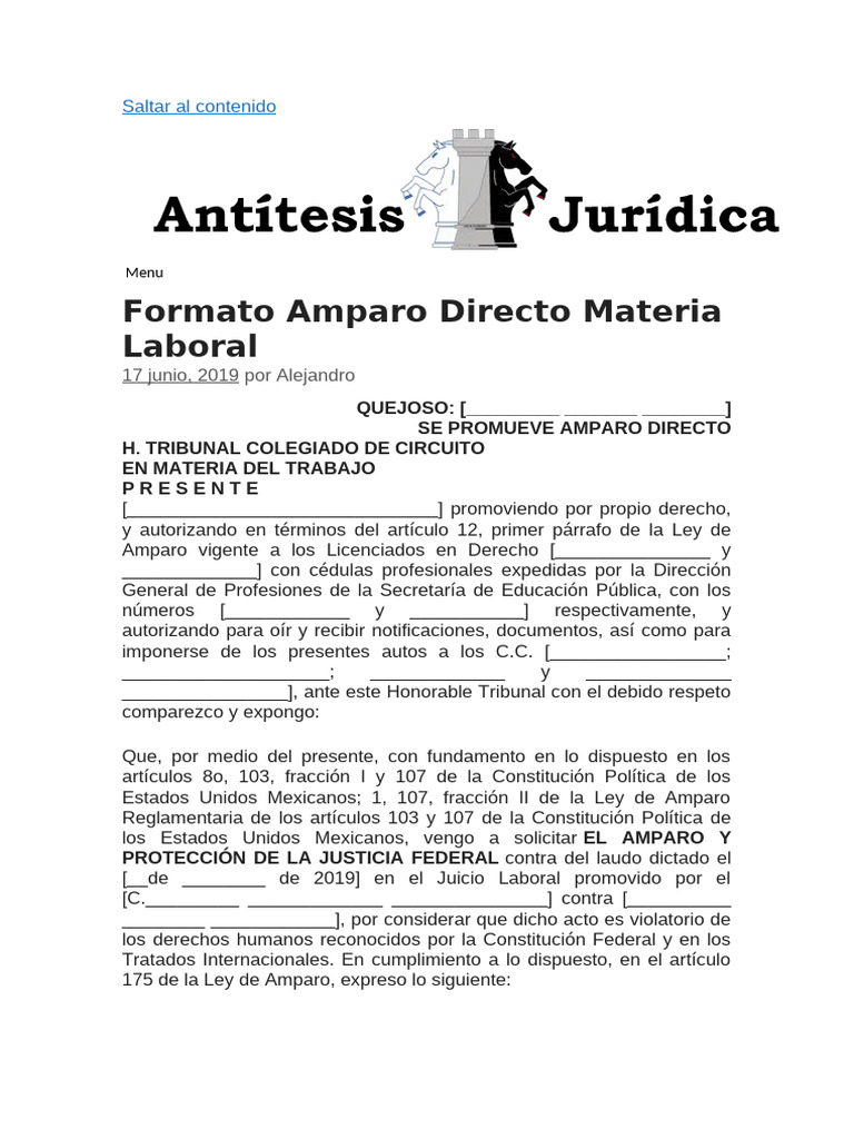 Formato de Amparo Directo Laboral | PDF | Justicia | Crimen y violencia