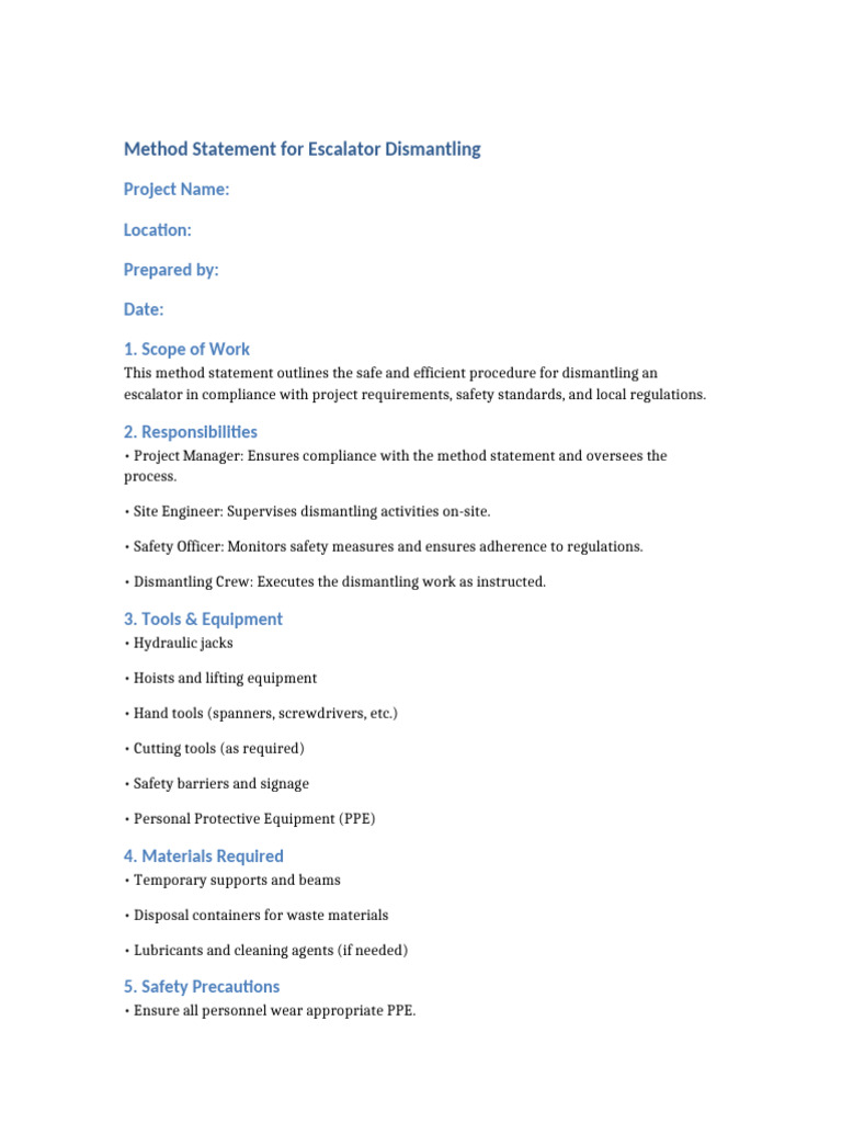 Escalator Dismantling Method Statement | PDF | Waste Management | Safety