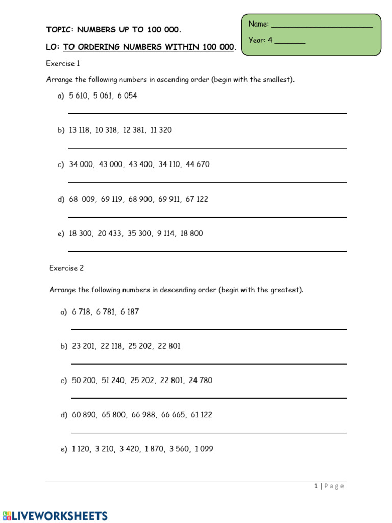 Ordering Numbers - WS | PDF