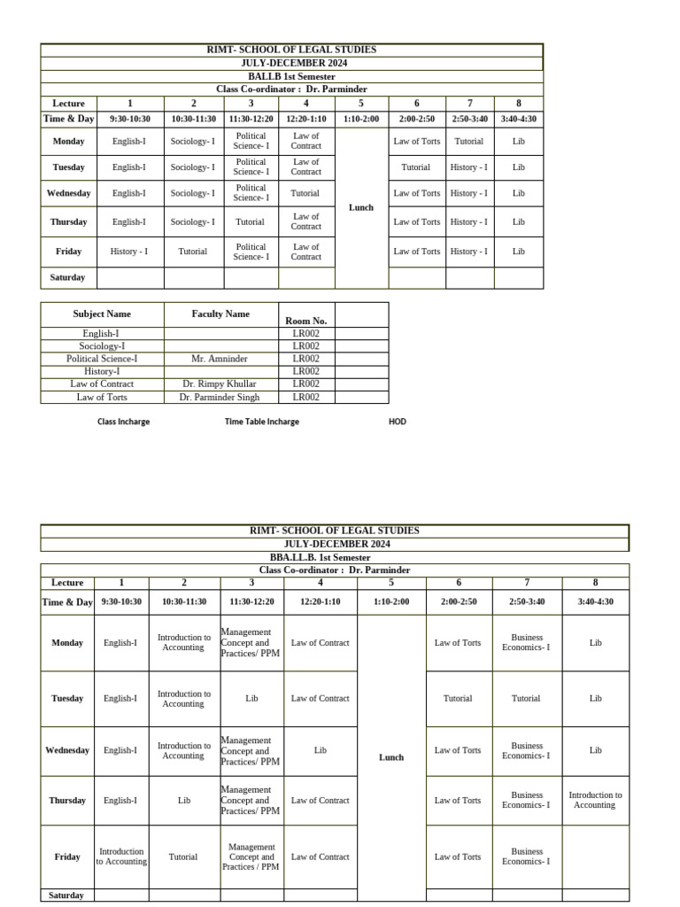 Timetable Odd Semester-2024 | PDF | Public Sphere | Common Law
