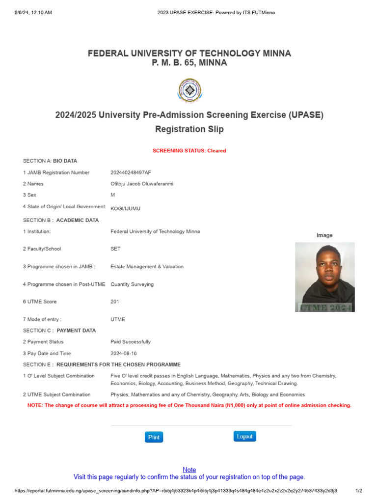 FUT Minna 2024/2025 UPASE Registration Details | PDF