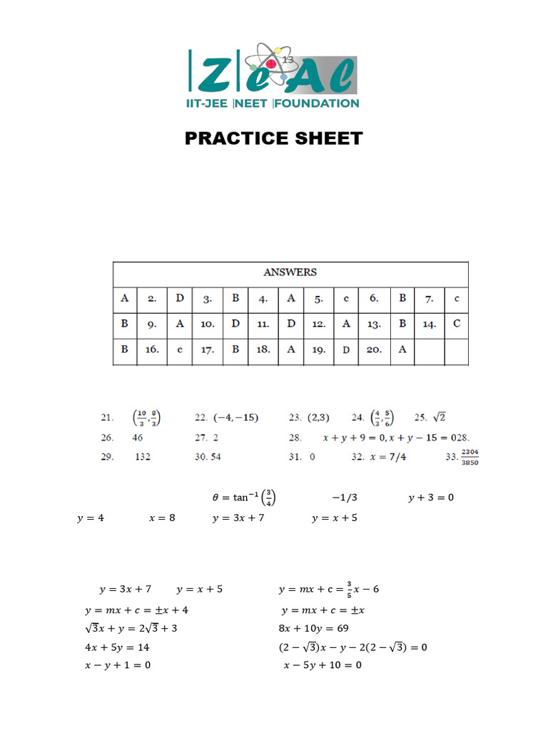 Mathematics Straight Line PS Answers | PDF