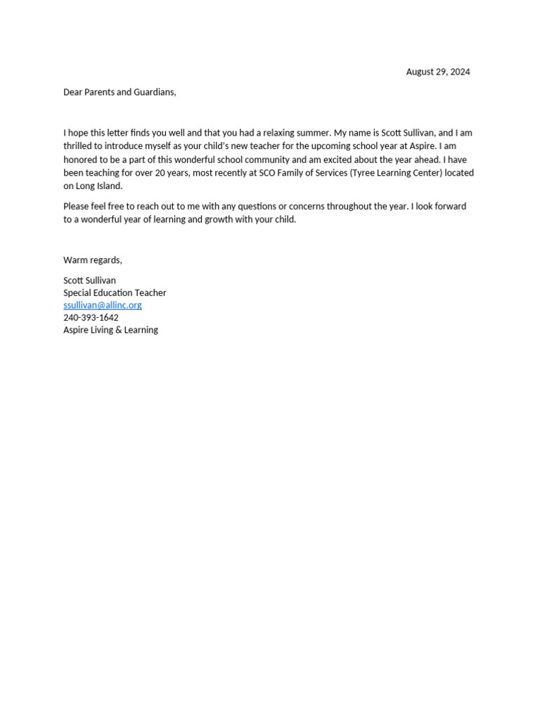 Welcome Letter Parents | PDF