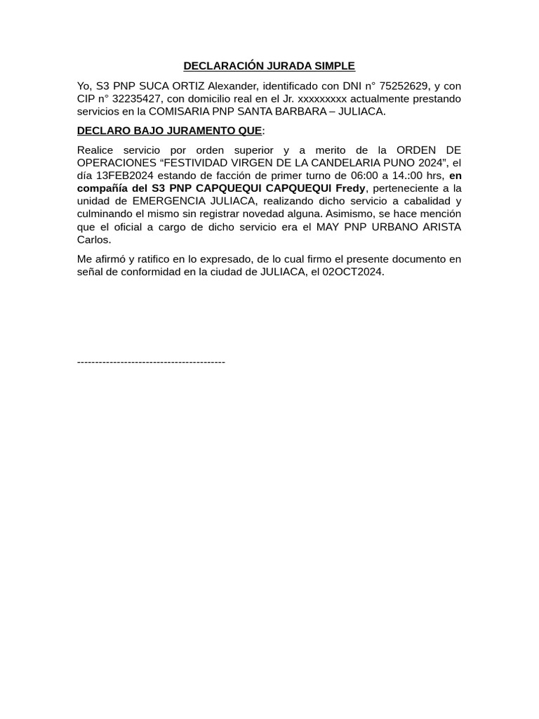 Declaración Jurada de Servicio PNP 2024 | PDF