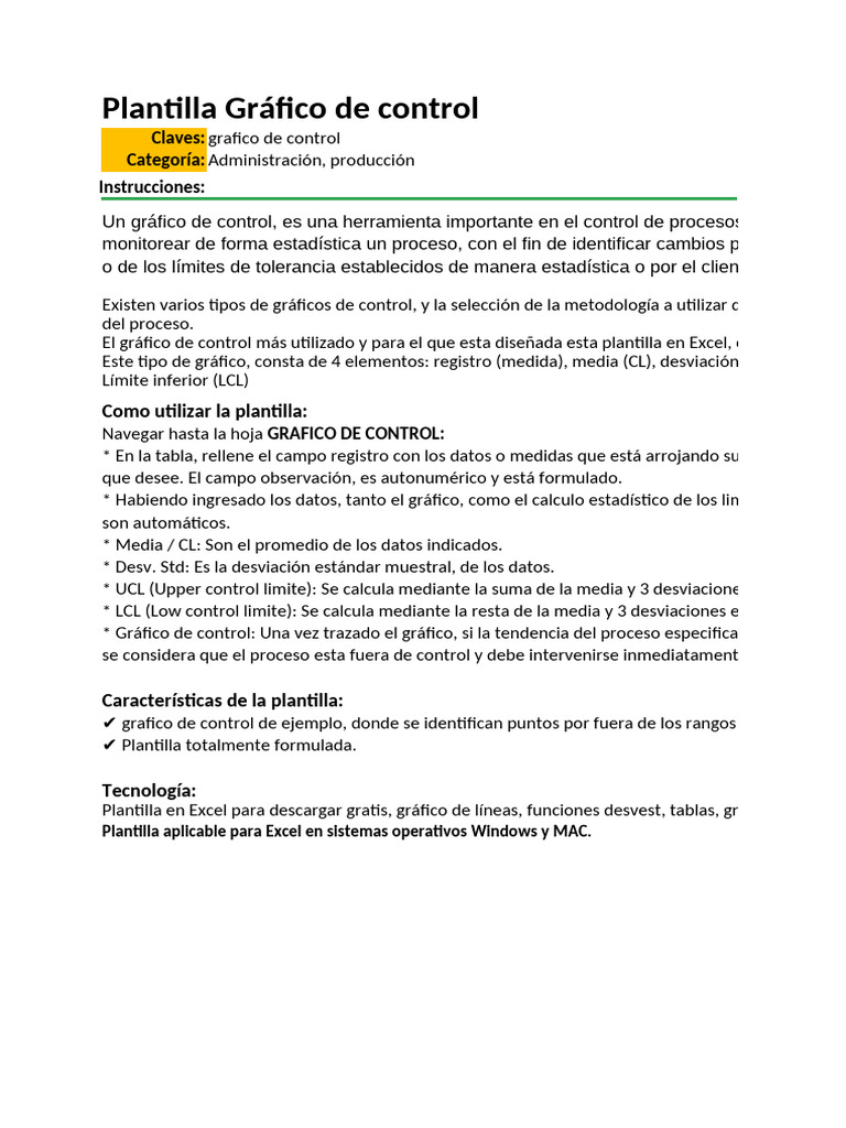 Plantilla de Gráfico de Control en Excel | PDF | Desviación Estándar ...