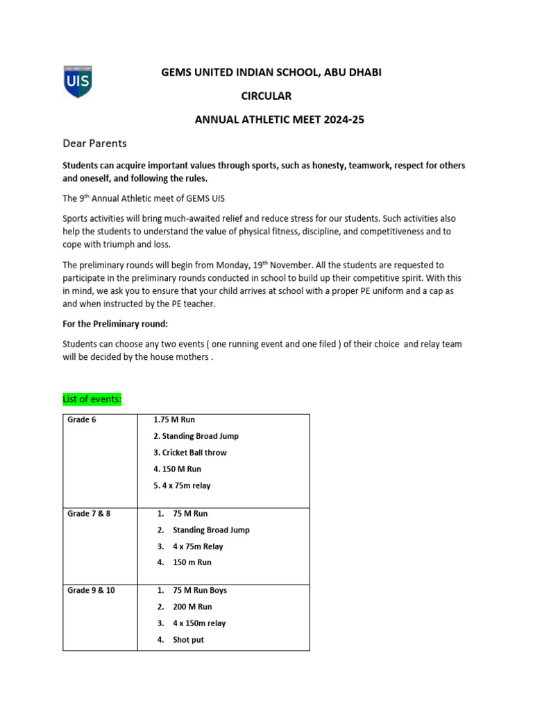 GEMS UIS Annual Athletic Meet 2024-25 | PDF | Sports
