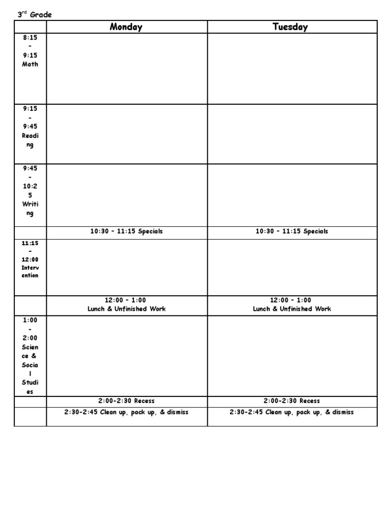 3rd Grade Weekly Class Schedule | PDF | Career & Growth