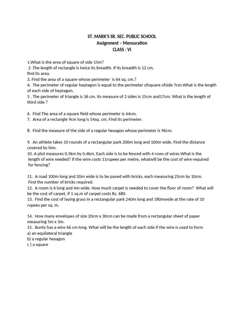 Mensuration Assignment for Class VI | PDF