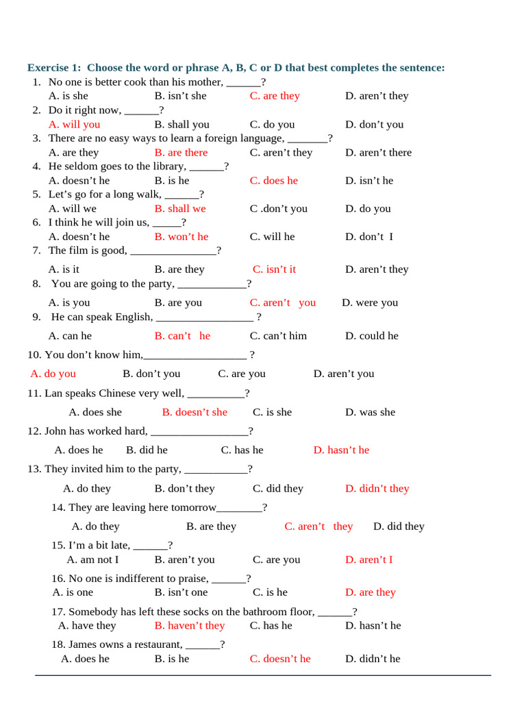Tag Questions Exercise for Students | PDF