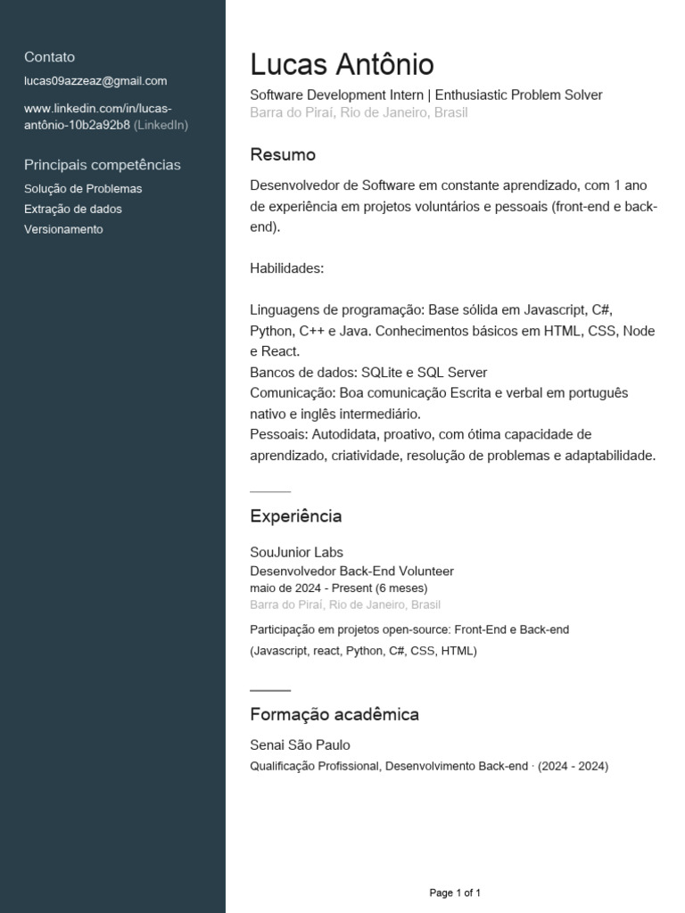Currículo de Lucas Antônio - Desenvolvedor de Software | PDF
