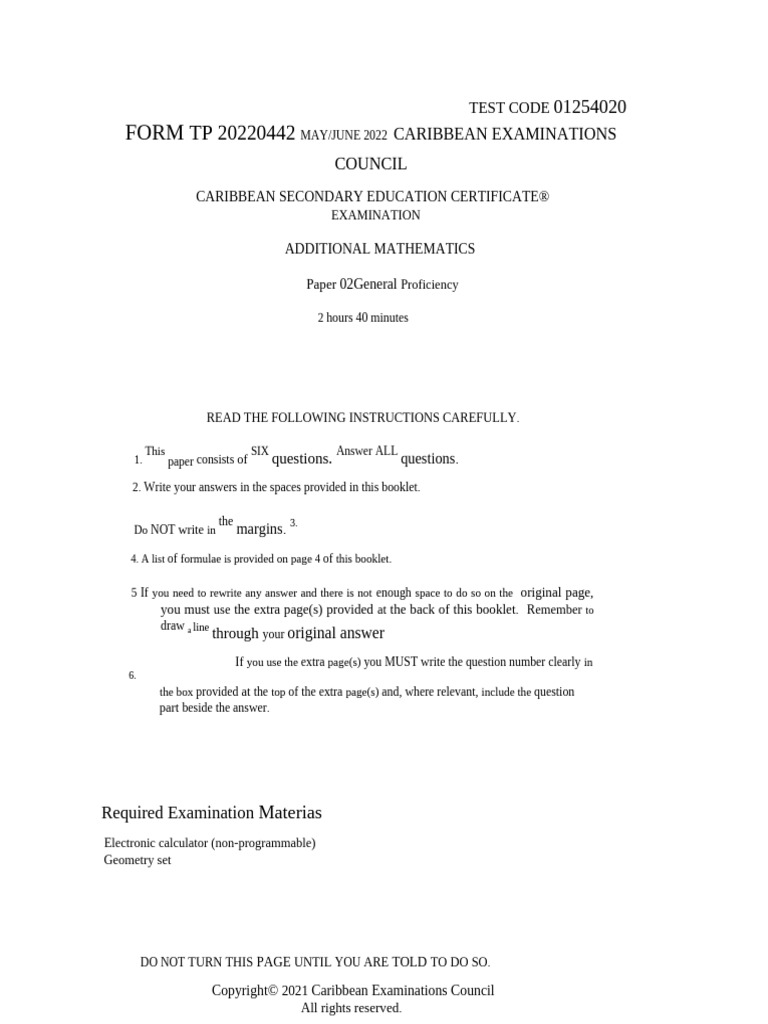 Csec Add Maths 2022 Paper 2 | PDF | Mathematics