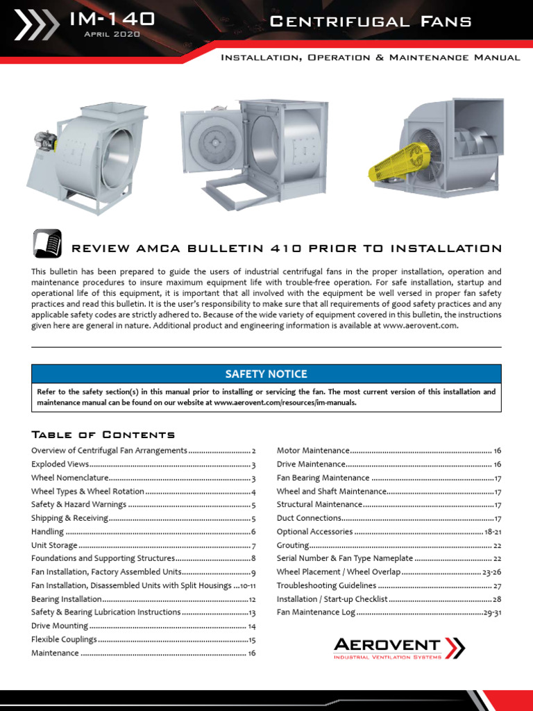 Centrifugal Fan Installation & Maintenance Guide | PDF | Bearing ...