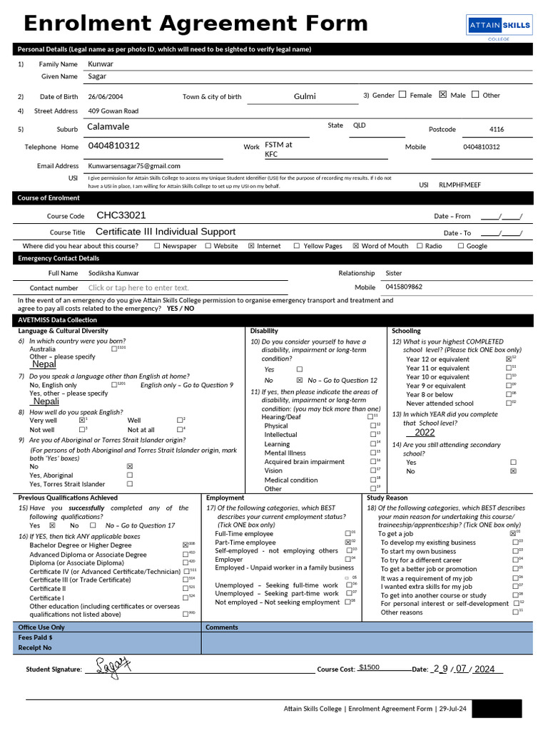 Enrolment Agreement Form Attain Skills College | PDF | Vocational ...