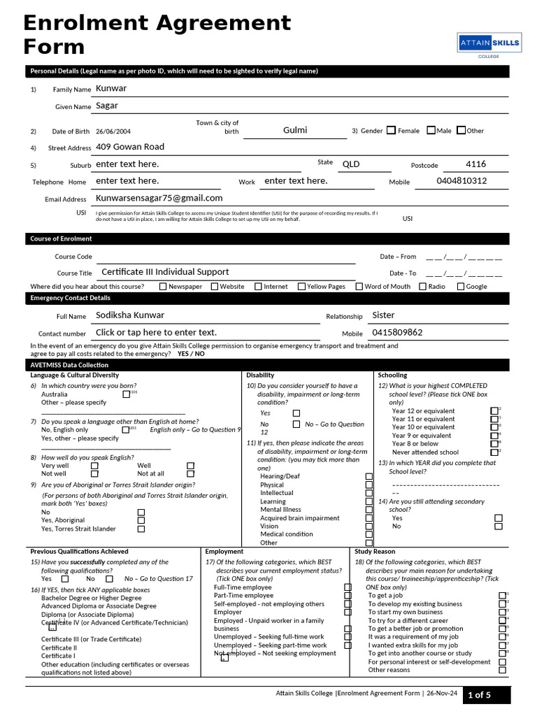 Enrolment Agreement Form Attain Skills College | PDF | Vocational ...