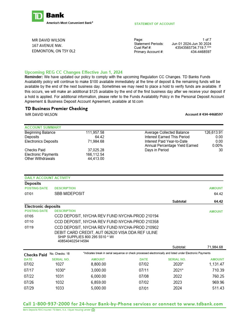 TD Bank Statement USA BankStatements Net | PDF | Banks | Debit Card