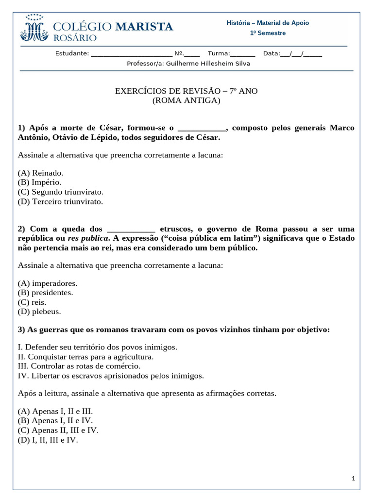 Exercícios sobre Roma Antiga | PDF | Roma Antiga | Júlio César