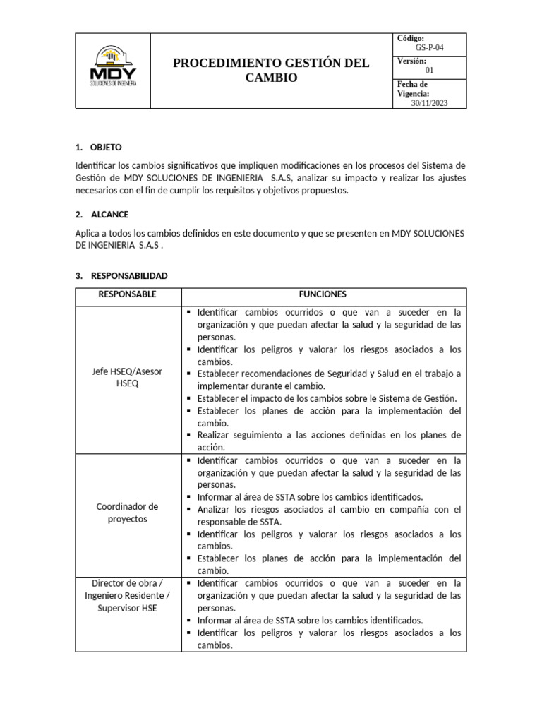 Procedimiento para La Gestion Del Cambio | PDF | Seguridad y salud ...