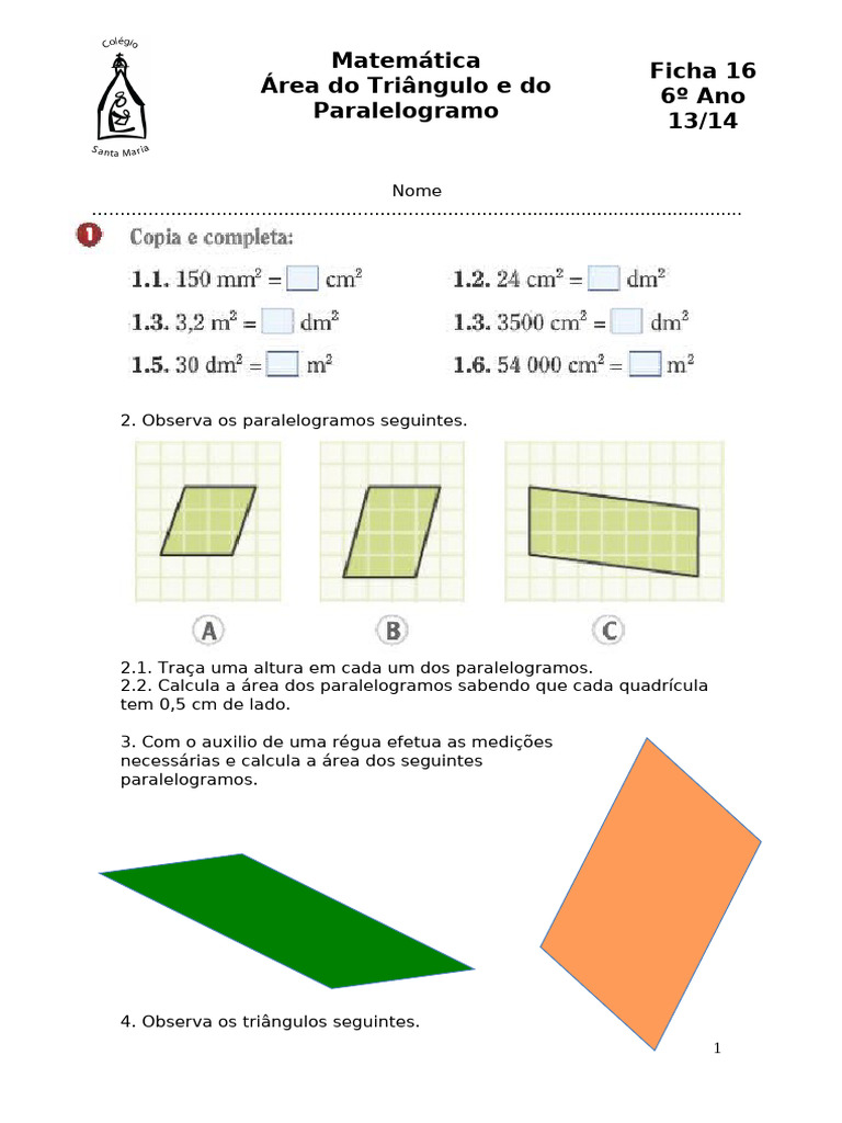 Ficha 16 - Exercícios Área Do Triângulo e Paralelogramos | PDF