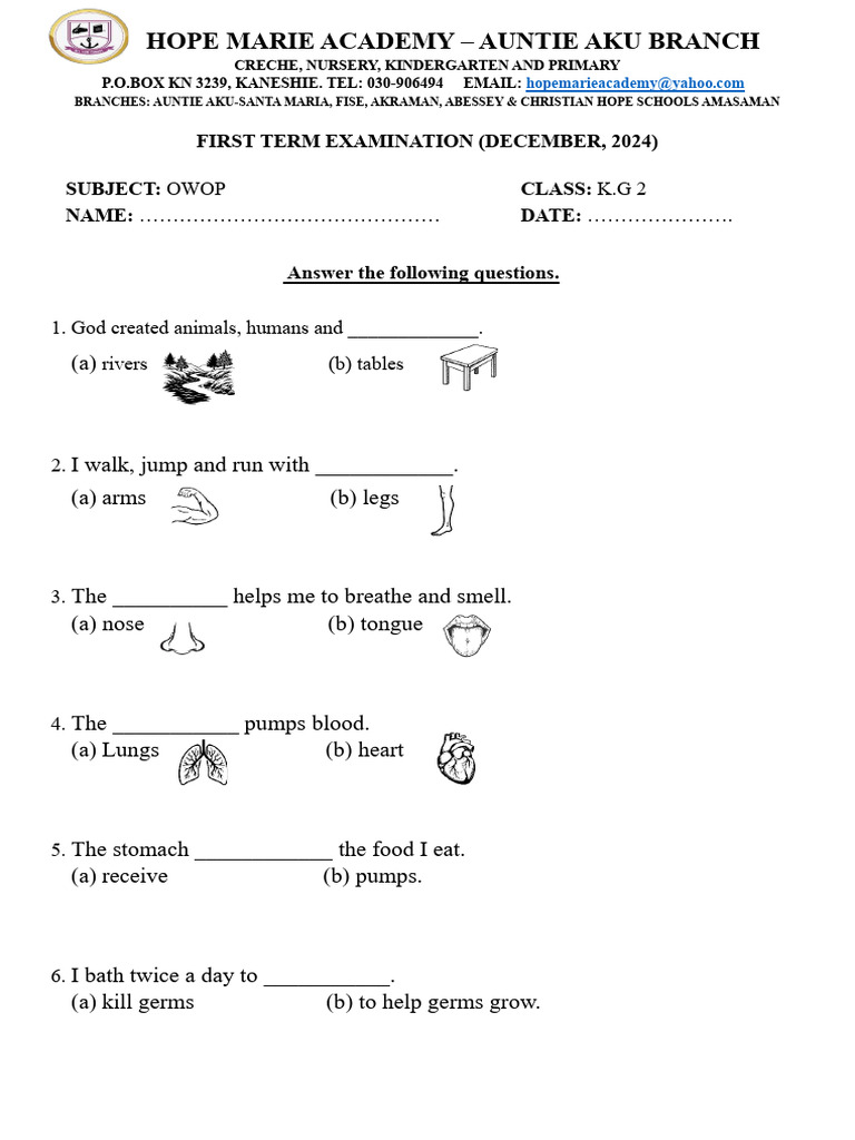 K.G 2 First Term Exam Questions | PDF | Linguistics | Syntax