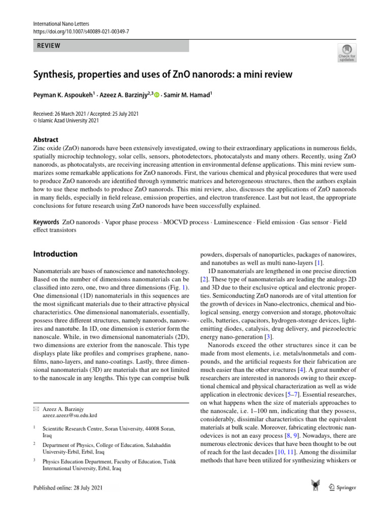 ZNO Review | PDF | Zinc Oxide | Nanowire