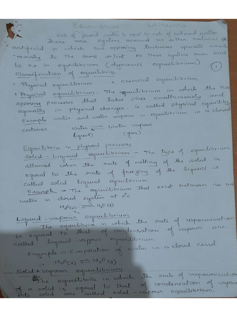Chemistry Notes (Equilibrium Chapter) | PDF