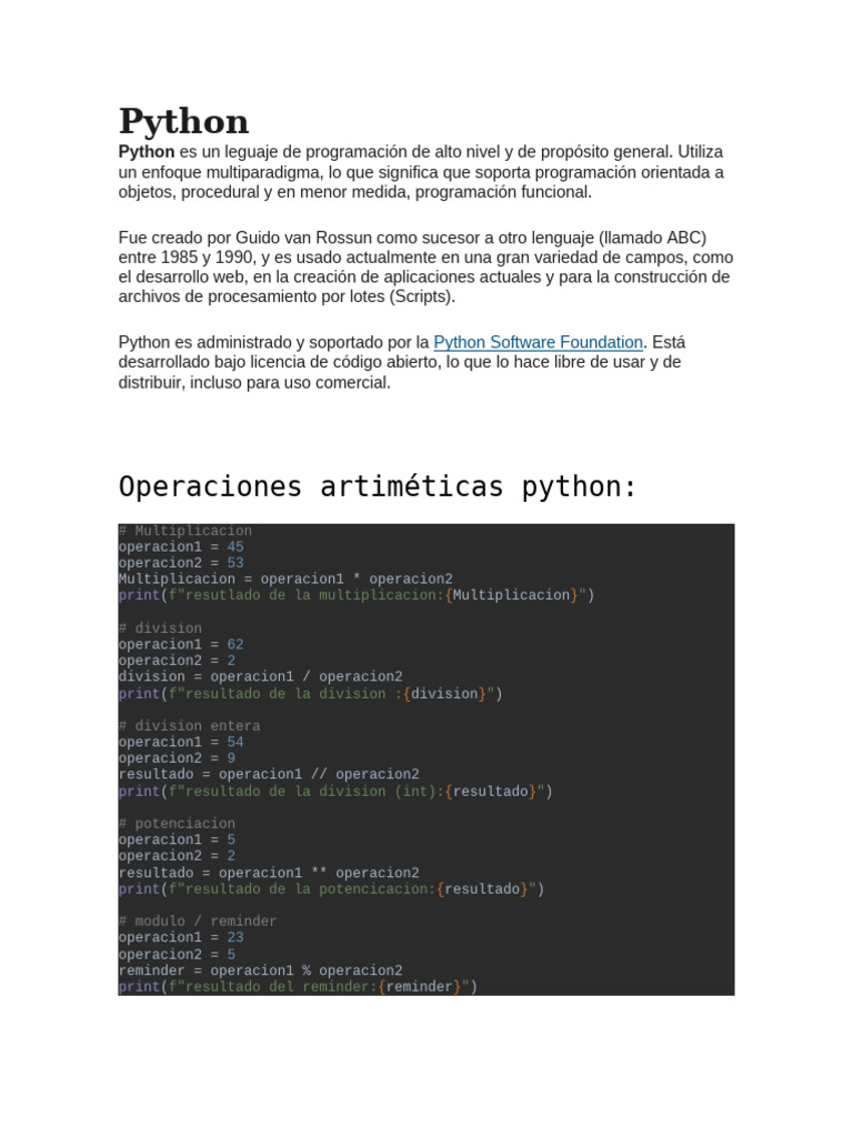 Introducción a Python y sus Operadores | PDF | Python (lenguaje de ...