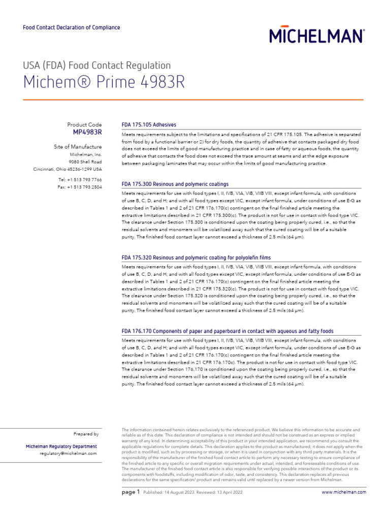 FDA Compliance for Michem® Prime 4983R | PDF | Regulatory Compliance ...