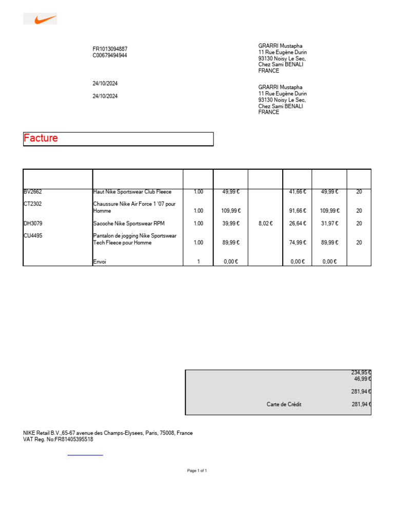 Facture d'achat Nike - GRARRI Mustapha | PDF | Industrie de l ...