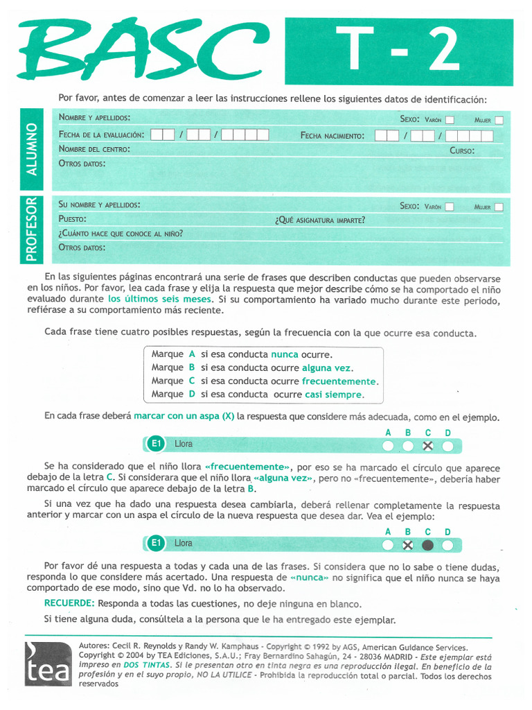 BASC T-2. Sistema de Evaluación de La Conducta de Niños y Adolescentes ...
