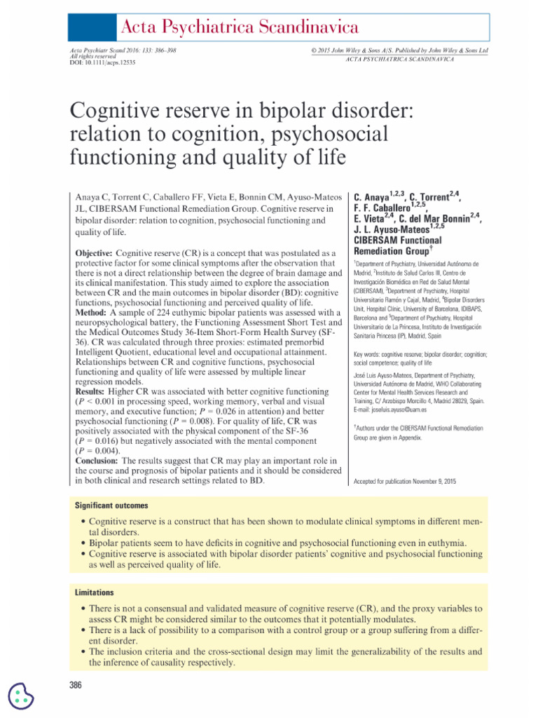 Cognitive Reserve in Bipolar Disorder Relation To Cognition ...