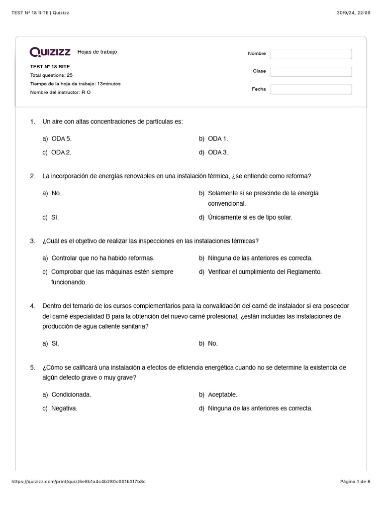 Test RITE: Preguntas y Respuestas | PDF | Temperatura | Agua