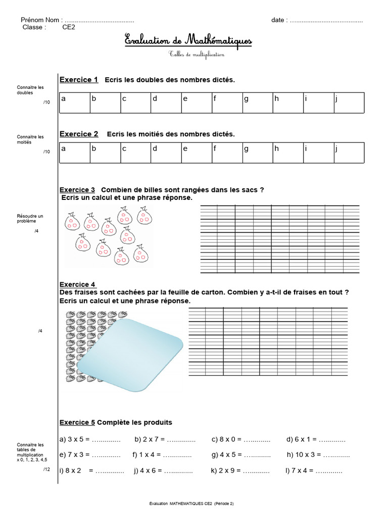 Évaluation Maths CE2 : Multiplication | PDF