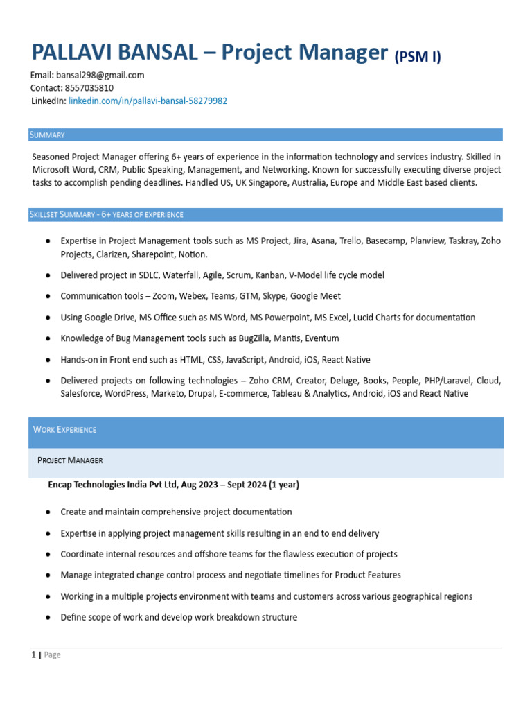 Project Manager Resume - Pallavi Bansal | PDF | Software Development ...