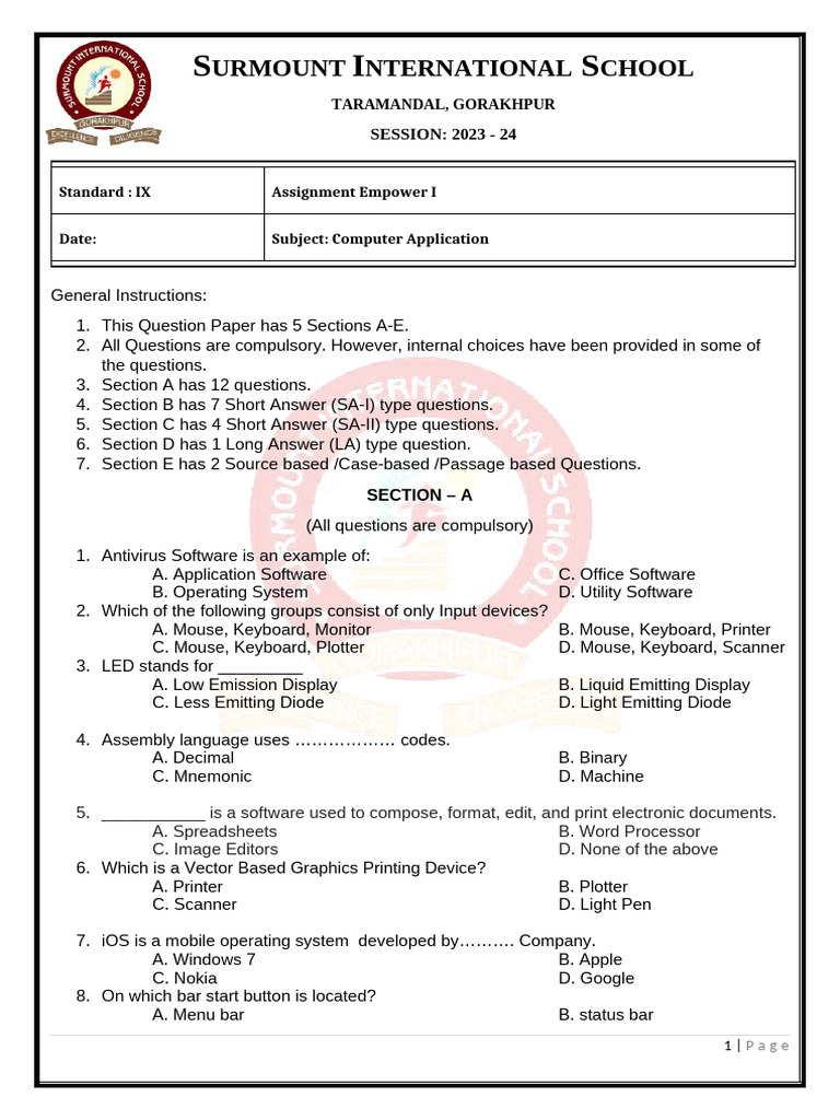 Class IX Assignment Computer Empower I | PDF | Software | Operating System