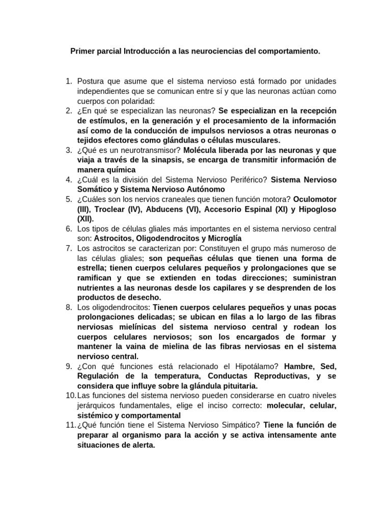 Primer Parcial Introducción A Las Neurociencias Del Comportamiento ...