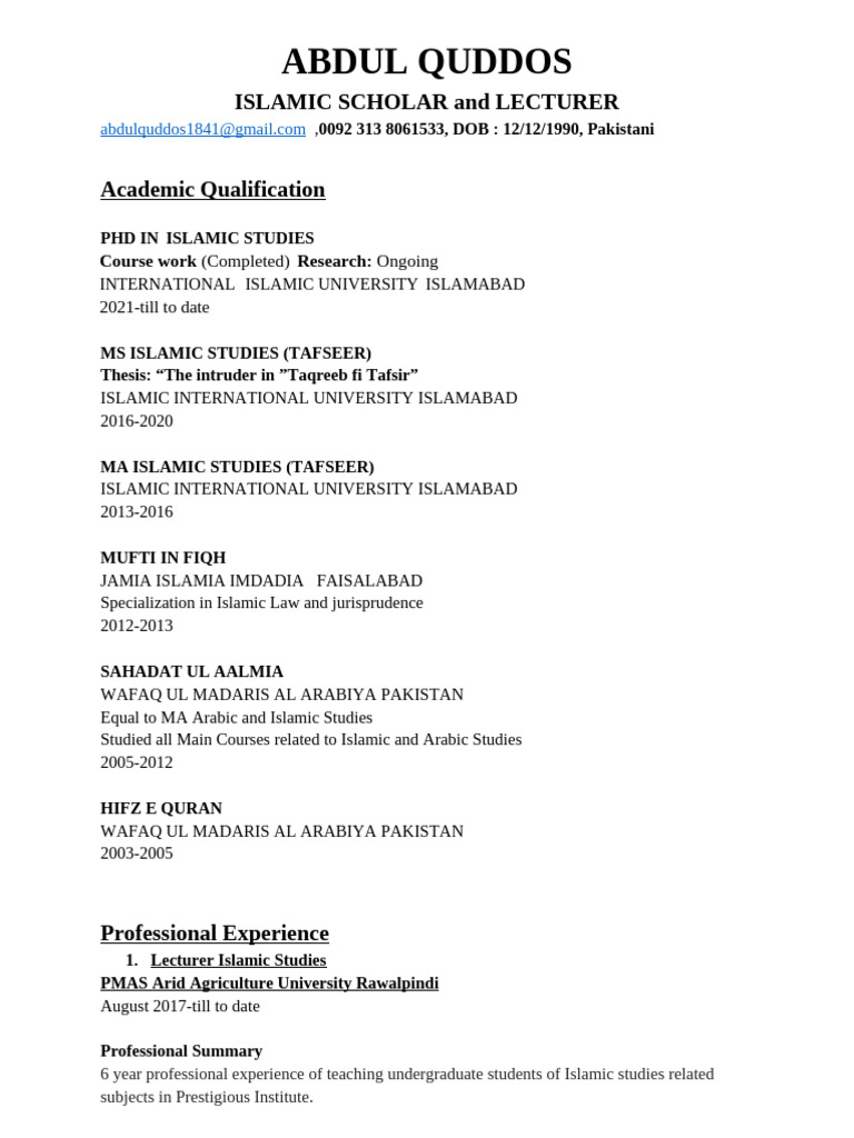 Abdul Quddos New CV August 2023 | PDF | Abrahamic Religions