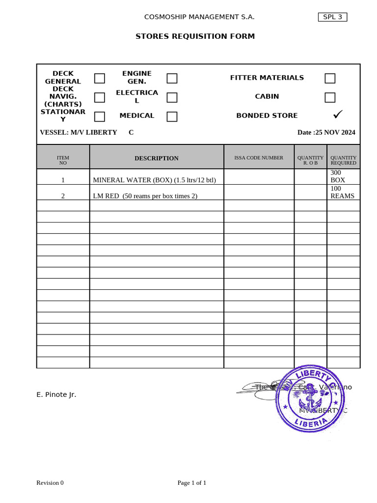 Stores Requisition Form for M/V Liberty C | PDF