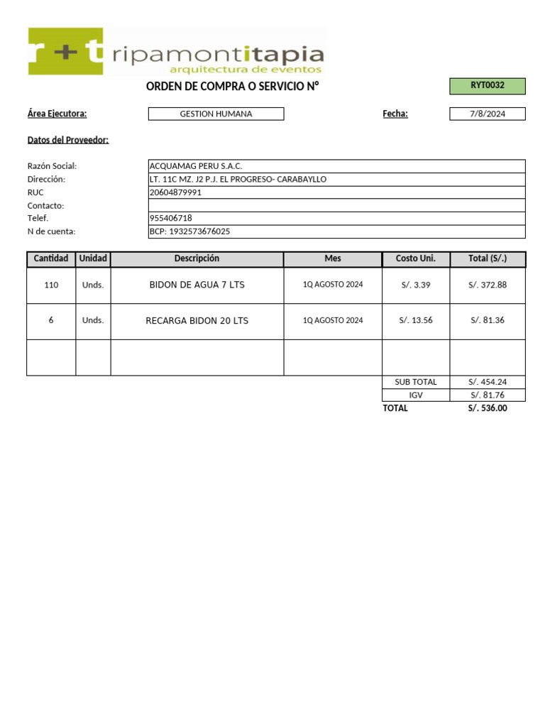 Orden de Compra 2024 - RYT00032AGUA | PDF