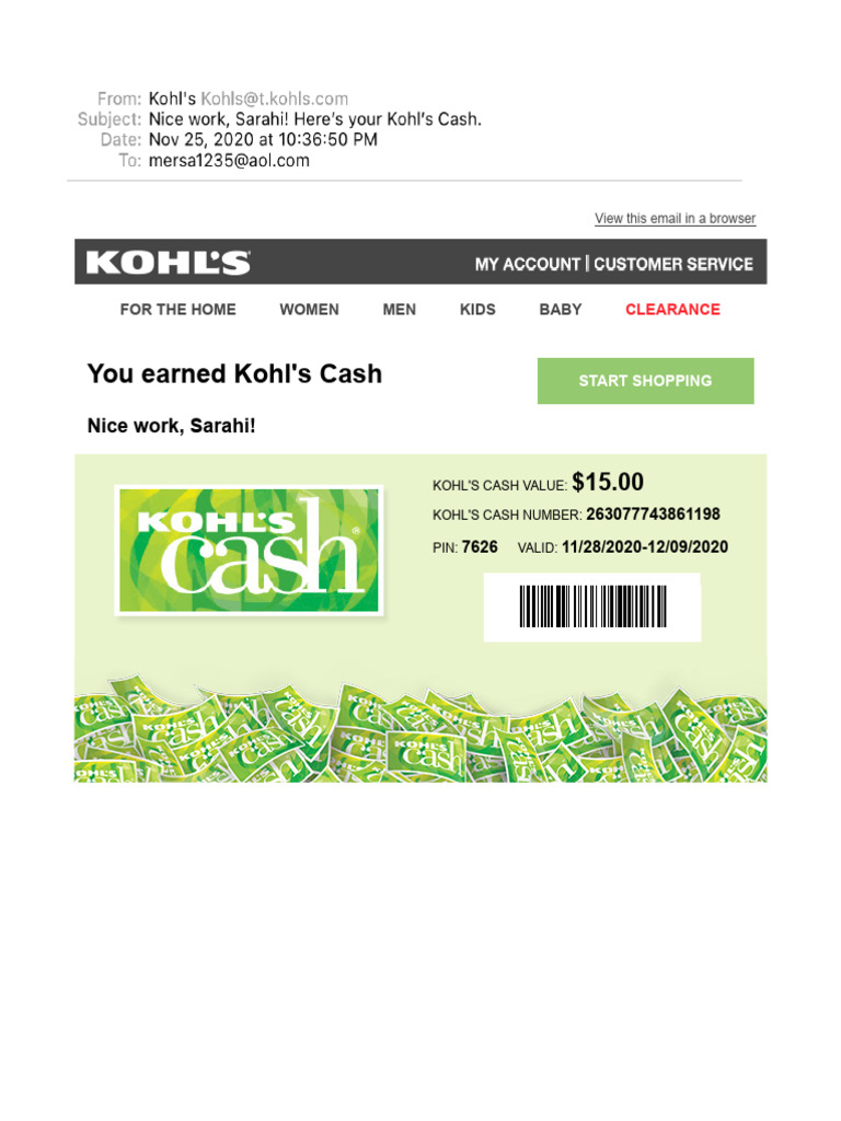 Nice Work, Sarahi! Here's Your Kohl's Cash | PDF | Merchandising | Coupon