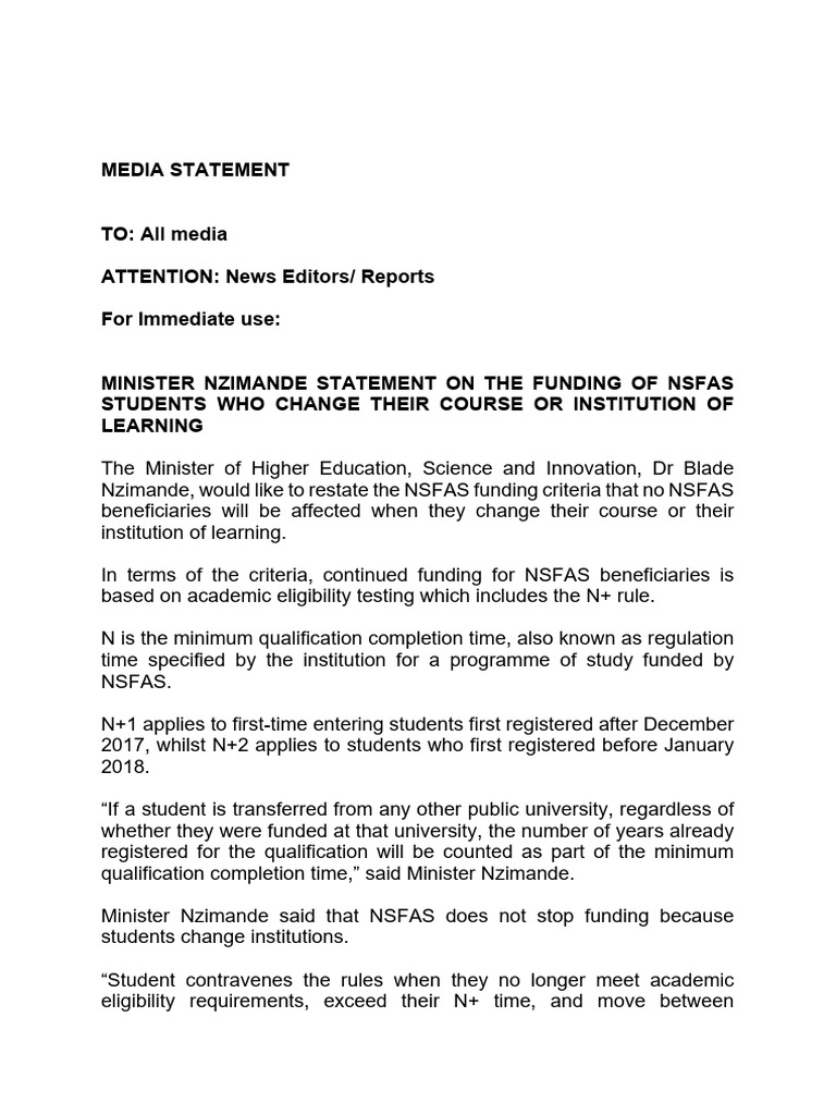 Minister Statement On Nsfas Funding Criteria | PDF