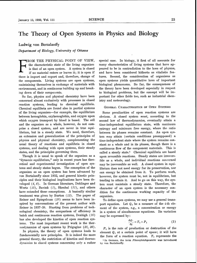 Von bertalanffy 1950 the theory of open systems in physics and
