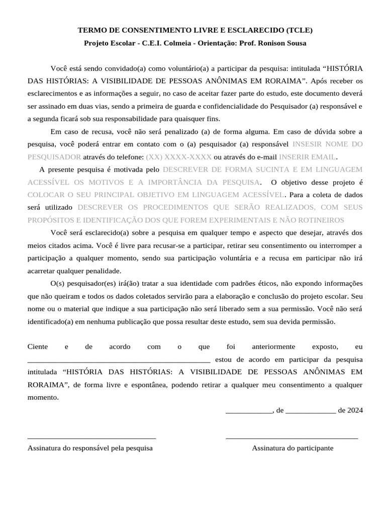 Termo de Consentimento para Pesquisa em Roraima | PDF