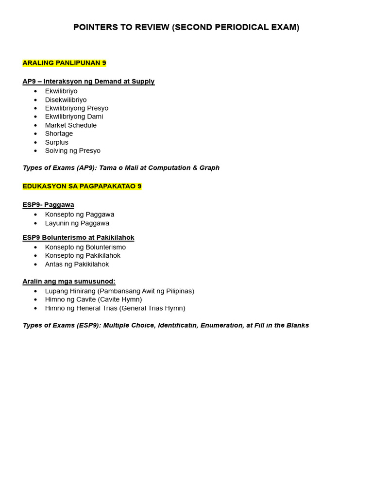 Grade 9 Second Peridical Exam Pointers To Review | PDF