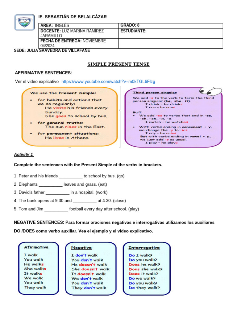 Simple Present Tense Exercises for Grade 8 | PDF | Workweek And Weekend ...